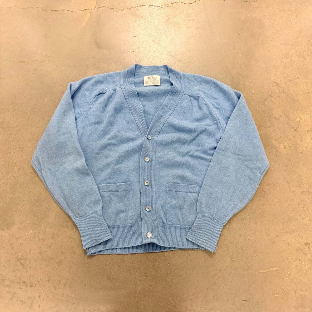 Vintage 1960’s Thane HydraKnit Lambswool Cardigan Blue USA Made Button Sweater M